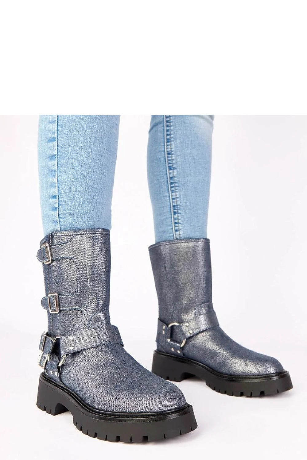 bottines femme biker cuir synthétique métallisé bleu gris scintillante bout arrondi semelle épaisse crampons talon compensé boucles argentées