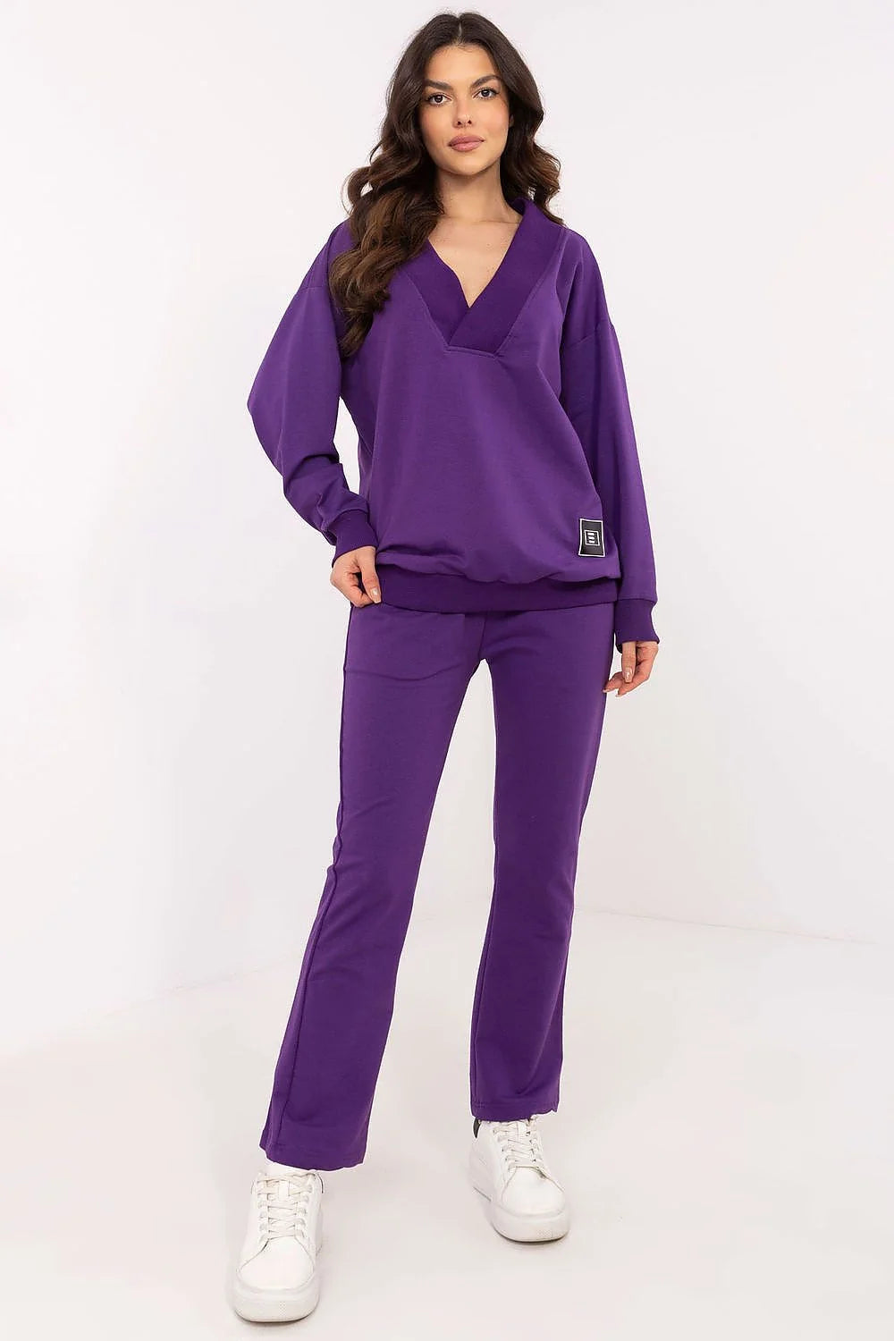 ensemble coordonné femme moderne sportchic violet vif coton élasthanne confort doux oversize colV manches bouffantes pantalon droit taillehaute ceinture élastique