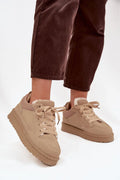 sneakers femme suédine écologique beige plateforme chunky crantée gomme épaisse amorti adhérence stabilité lacets plats doublure fourrure synthétique