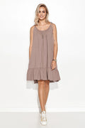 robe été courte trapèze bretelles fines nouées encolure froncée volant bas taupe jersey coton léger fluide poches latérales réglables confortable