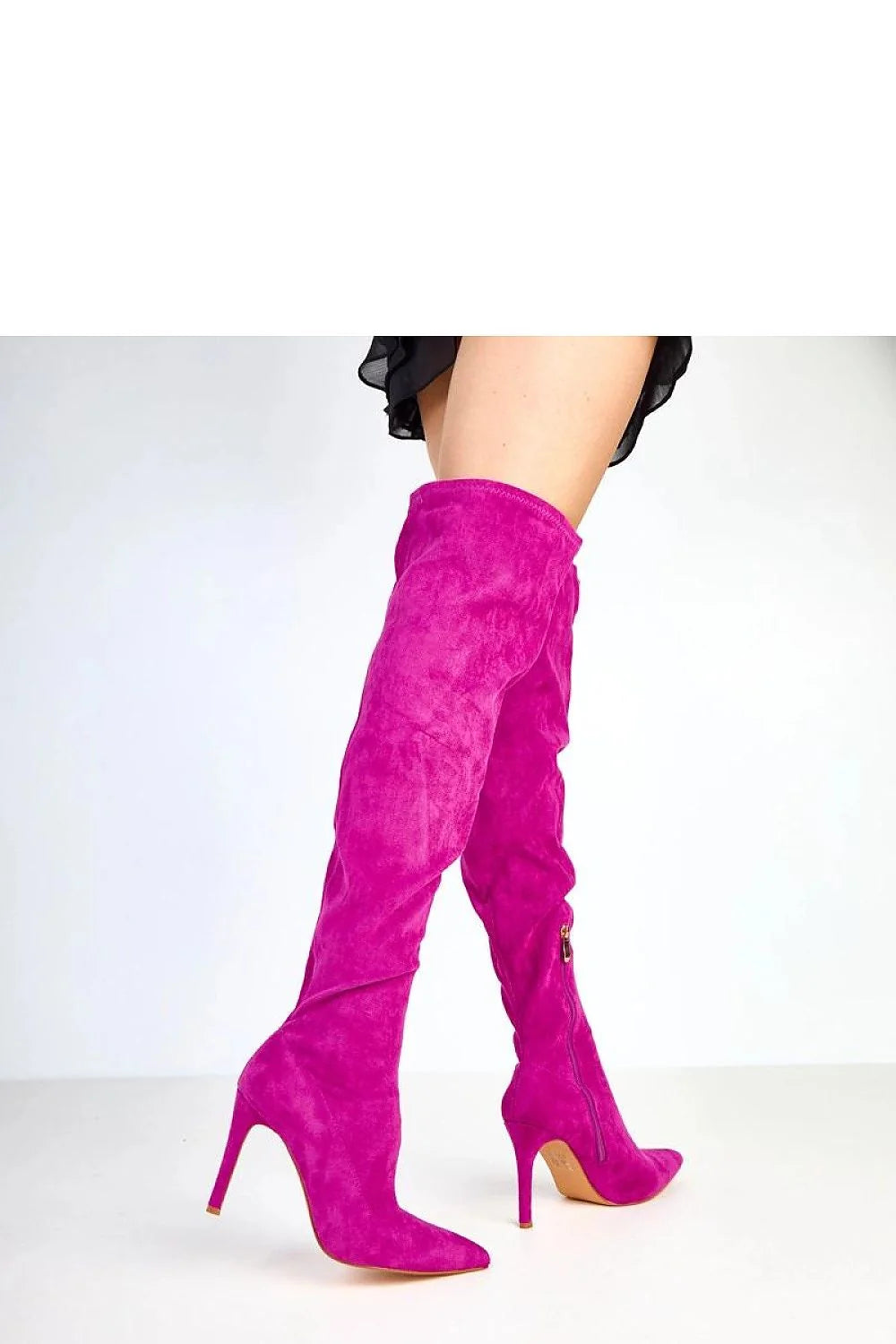 cuissardes femme velours suédé fuchsia bout pointu talon aiguille élancé sexy froncé fermeture éclair intérieure tirette dorée semelle fine soirée