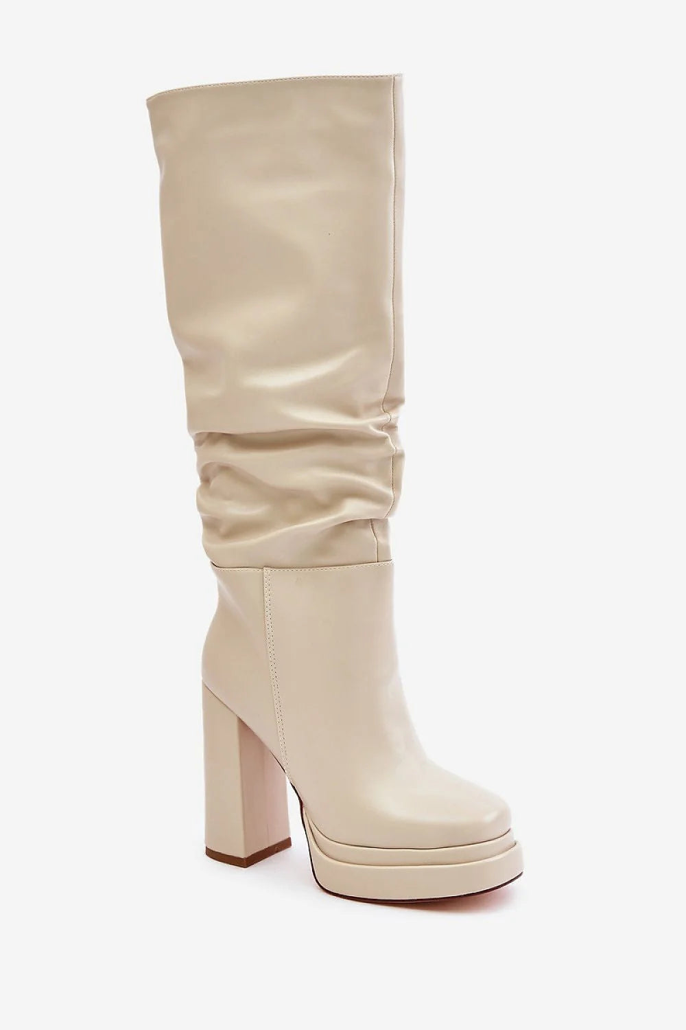 bottes hautes beige cuir synthétique lisse plateforme talon carré épais stable tige froncée bout arrondi couture discrète semelle contrastante confortable
