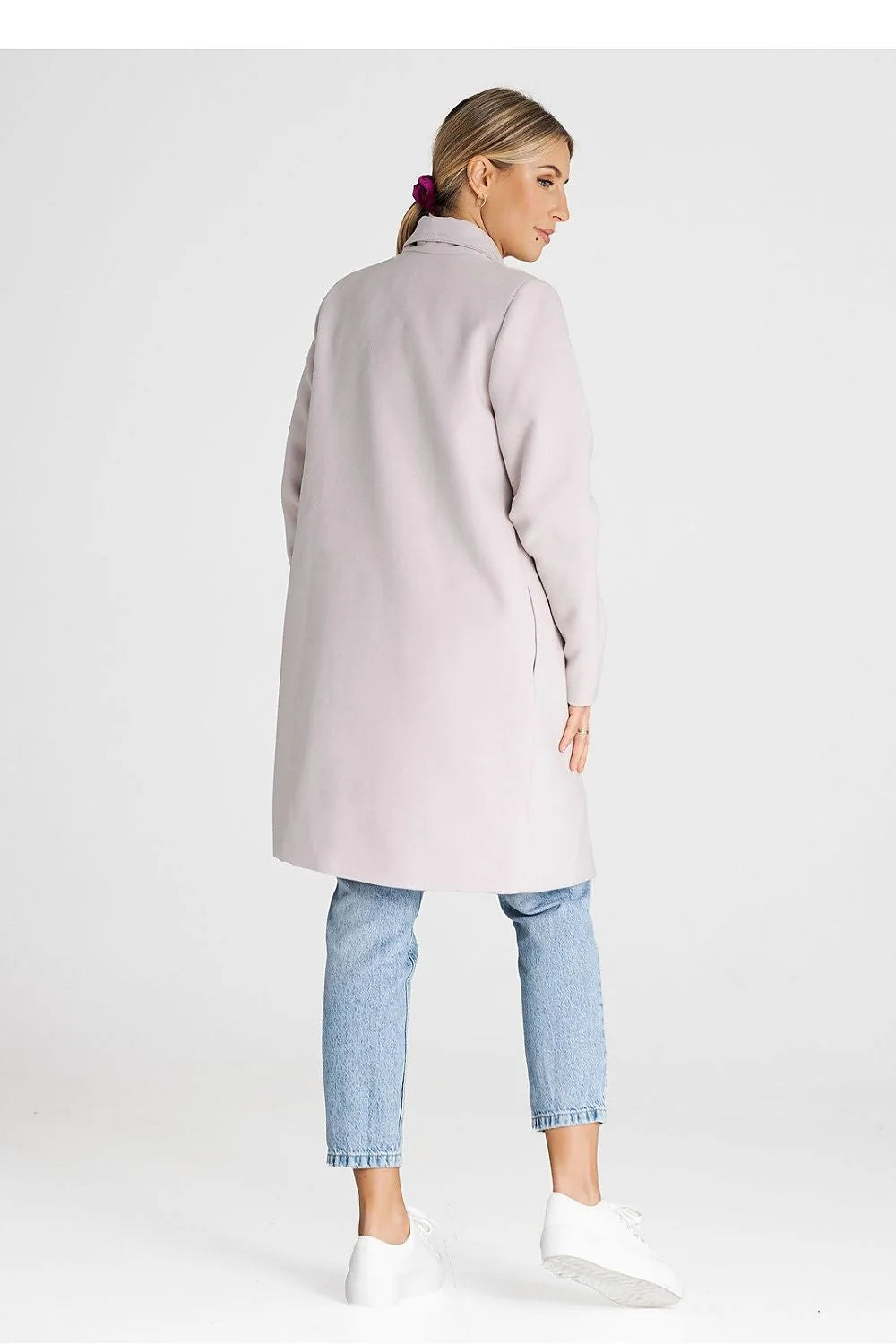 Manteau moderne pour femme en polyester et viscose, style minimaliste, col châle, port sans ceinture ou avec, tailles XS à L, couleur lilas pâle, manches longues, poches latérales discrètes, finitions de qualité