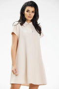 Robe de jour awama chic moderne couleur beige crème mini trapeze manches courtes col montant fente encolure elasthanne polyester femmes