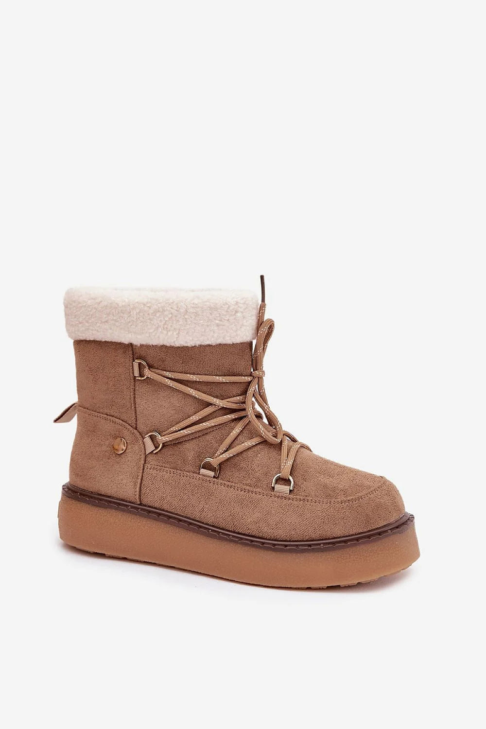 bottines hiver femme suédine écologique camel bordure retournée fourrure sherpa laçage montagnard crochets métalliques plateforme crantée gomme antidérapante