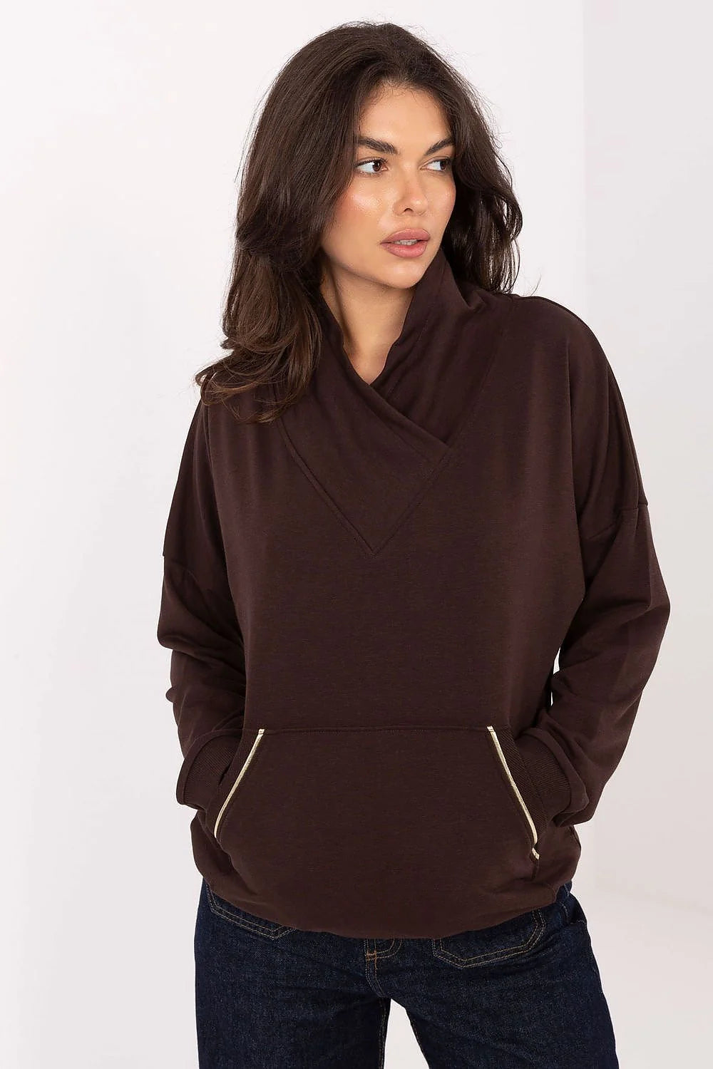 sweatshirt femme casual col châle croisé coupe oversize manches longues tombantes poche kangourou chocolat molleton coton mélangé doux zips dorés