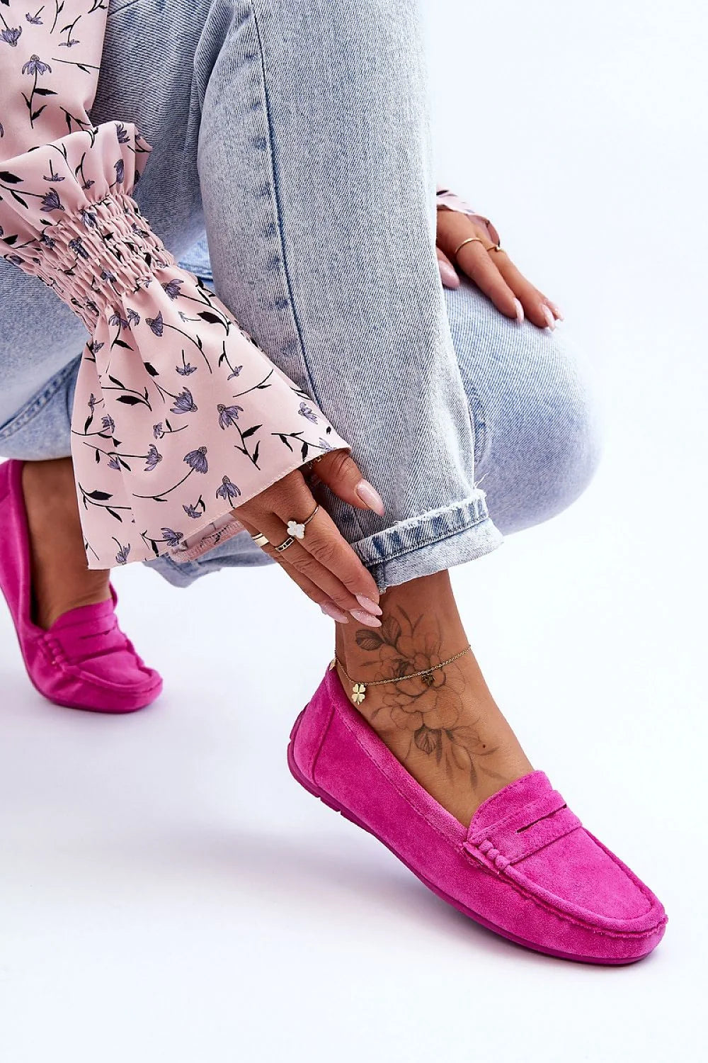 Mocassins femmes style classique couleur fuchsia matière éco-suede confortable anti-dérapant low heel penny strap
