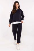 ensemble loungewear femme deux pieces bleu marine sweatshirt oversize col rond manches tombantes bordcotes pantalon droit taille haute