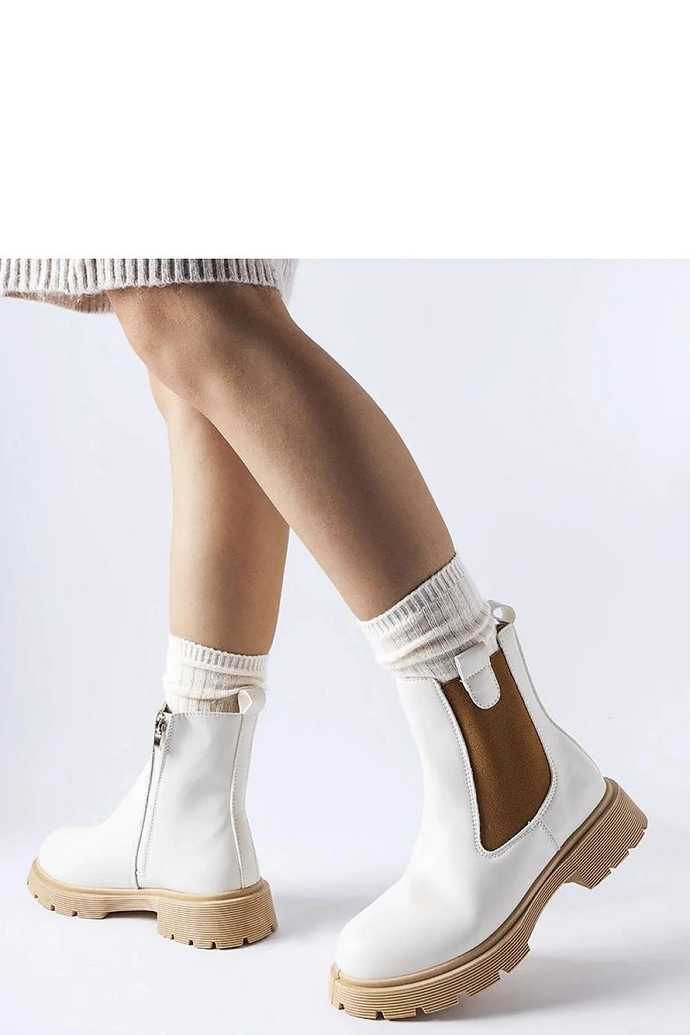 bottines femme cuir blanc lisse semelle plateforme crantée beige bande élastique marron zip latéral cheville mi haute minimaliste confortable polyvalente