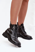 bottines femme cuir naturel verni noir embossé croco lacées zip latéral talon bloc bas semelle crantée bout amande