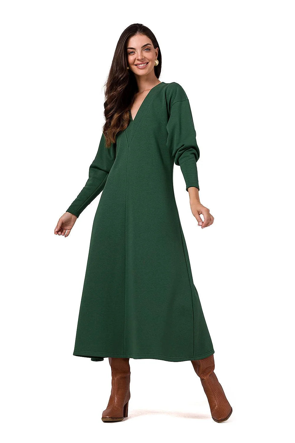 Robe longue élégante pour femme en maille manches longues V profond couleur verte profonde coupe évasée