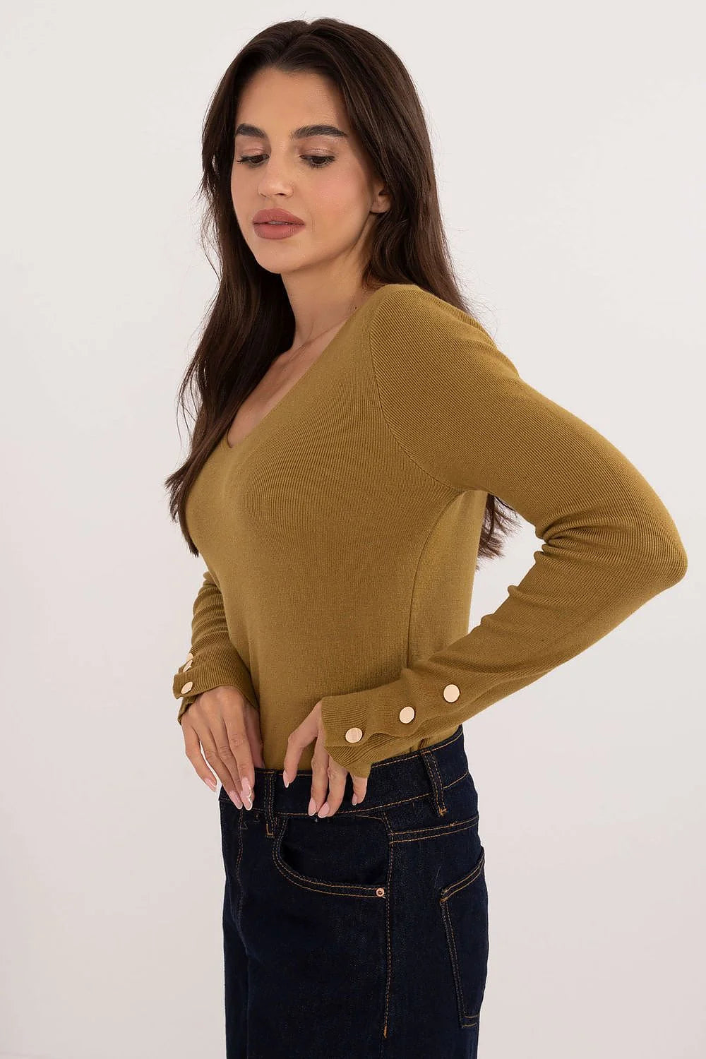 Pull pour femme décontracté manches longues encolure V boutons décoratifs viscose polyamide polyester couleur moutarde