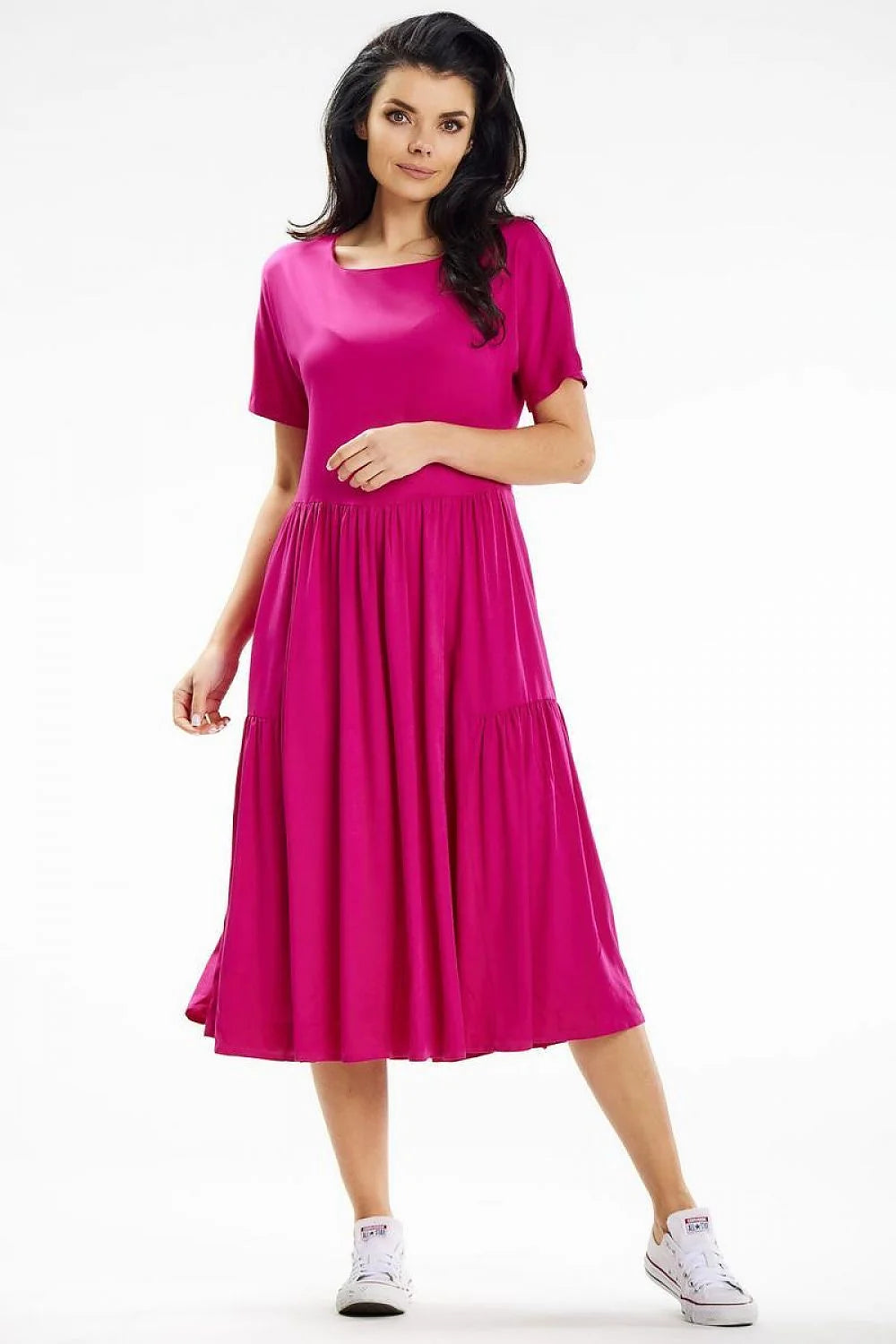 Robe de jour awama rose vif manches courtes encolure bateau jupe évasée fronces matière fluide elasthanne viscose