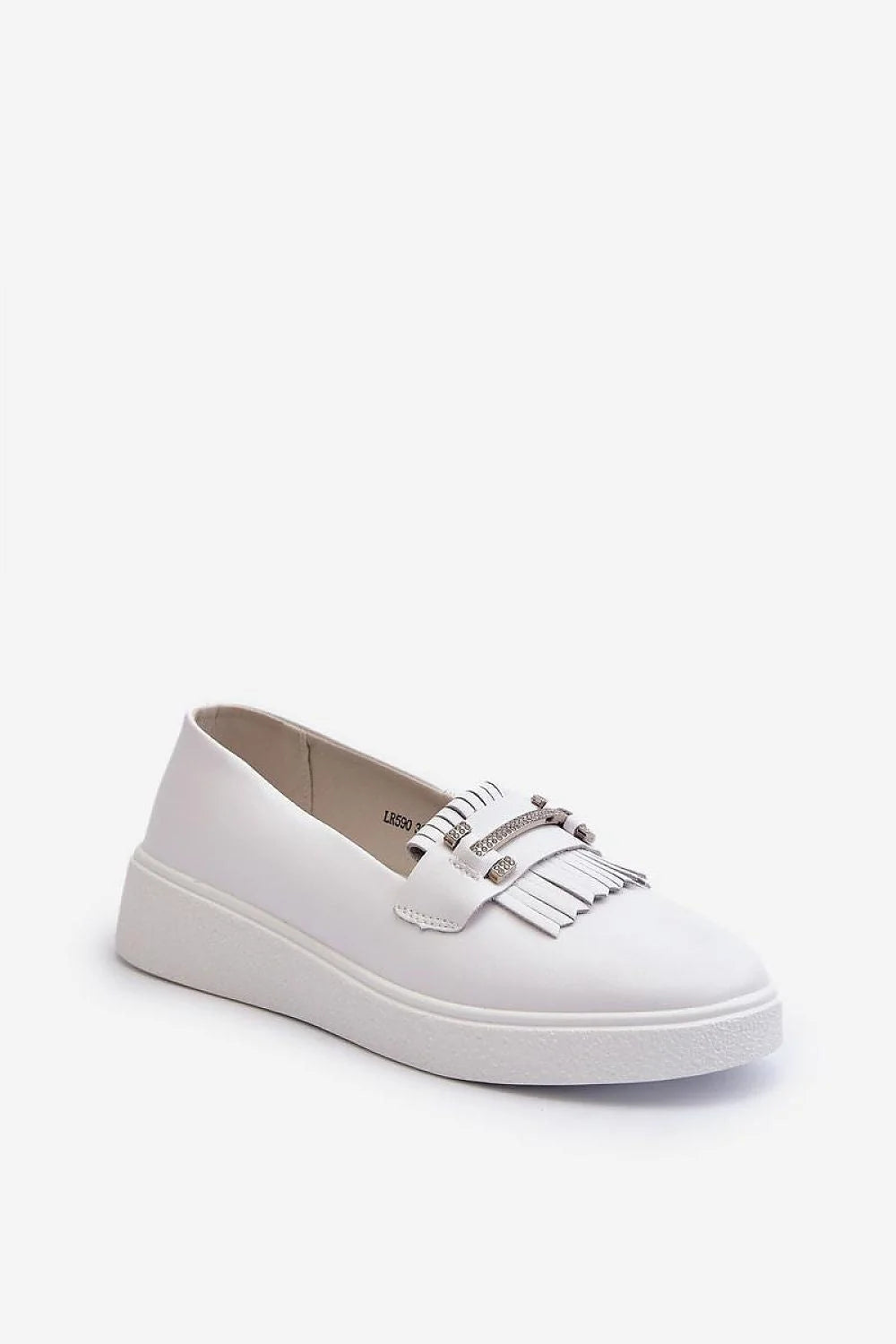 mocassins femmes blancs similicuir lisse design moderne franges métalliques bride strass semelle plateforme épaisse caoutchouc confort amorti coutures élégants polyvalents