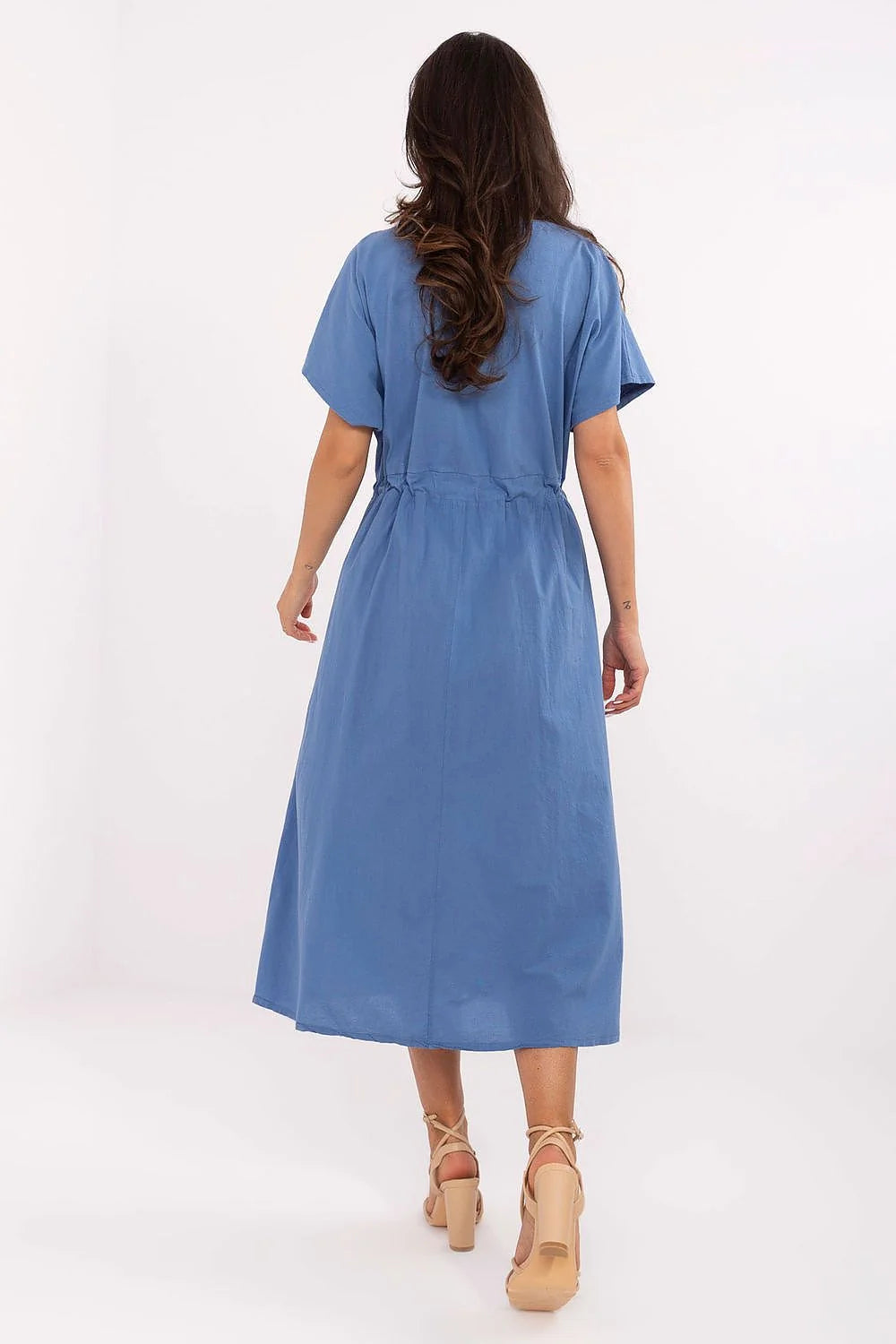 Robe de jour été coton coupe ample manches courtes taille ajustable bleu clair femme