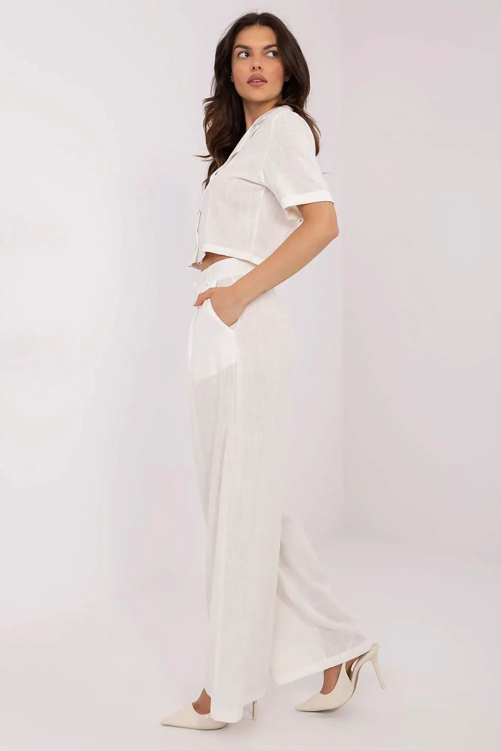 Ensemble féminin summer deux pièces chemisier court pantalon large blanc lin viscose respirant occasion quotidienne décontractée élégante