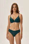 vert émeraude dentelle géométrique festonnés bijou métallique balconnet armatures non rembourrés bretelles réglables culotte taille mi haute maintien discret confortable