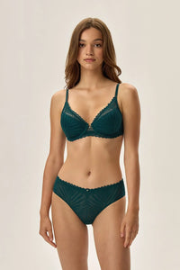 vert émeraude dentelle géométrique festonnés bijou métallique balconnet armatures non rembourrés bretelles réglables culotte taille mi haute maintien discret confortable
