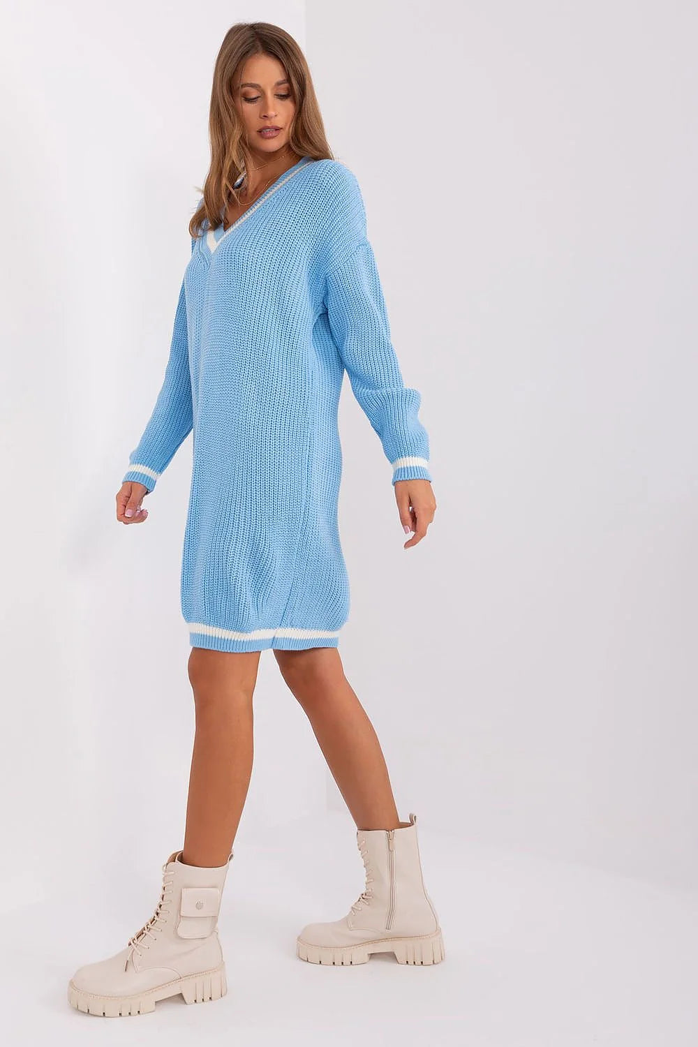 Robe de jour Badu pull-over femme col V manches longues longueur genou style décontracté matériaux mixtes polyvalente mode tendance qualité supérieure