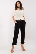 Pantalon femme Italy Moda élégant en tissu mélange polyester viscose taille haute jambes droites poches latérales ceinture tissu noir