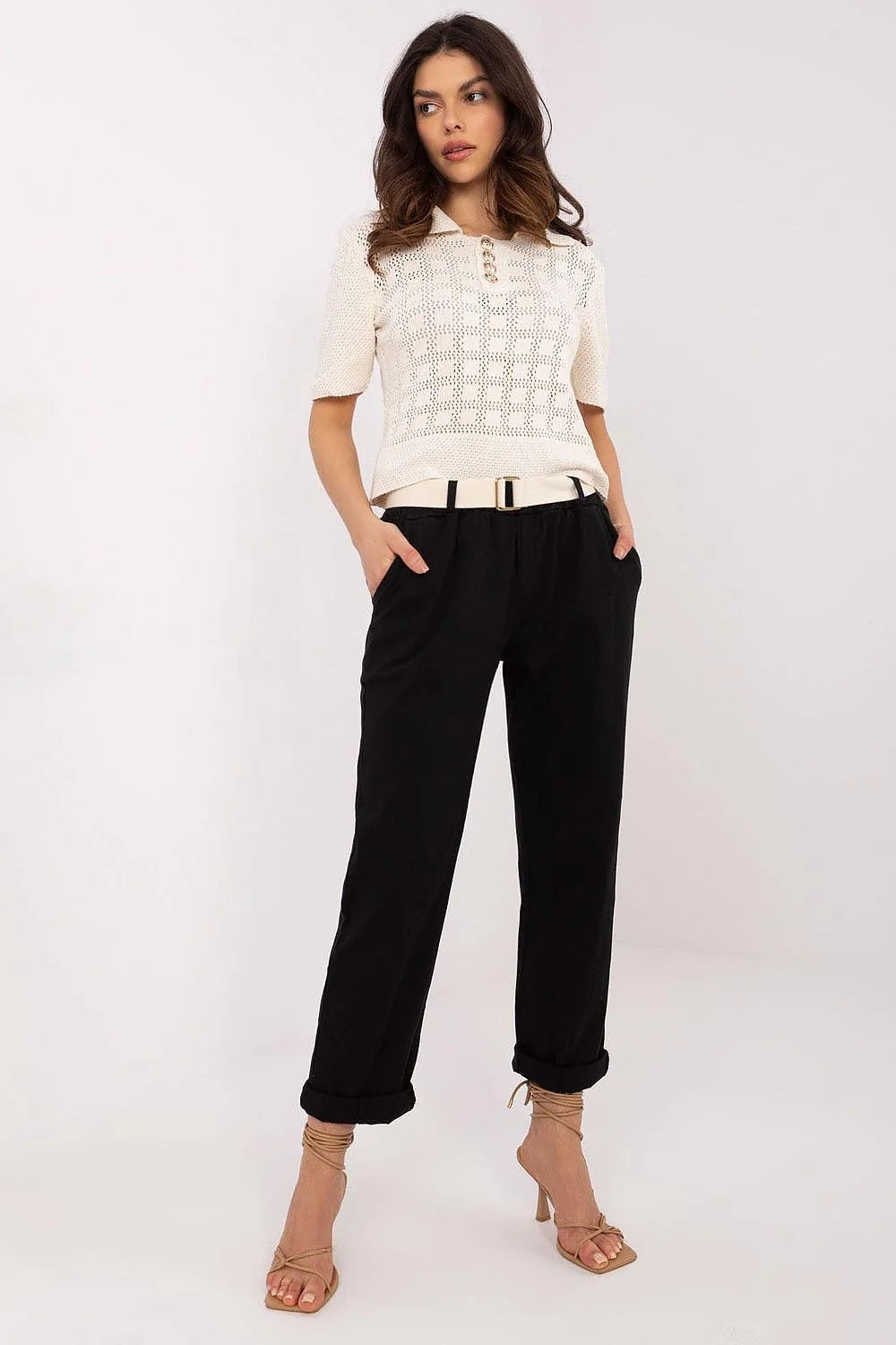 Pantalon femme Italy Moda élégant en tissu mélange polyester viscose taille haute jambes droites poches latérales ceinture tissu noir