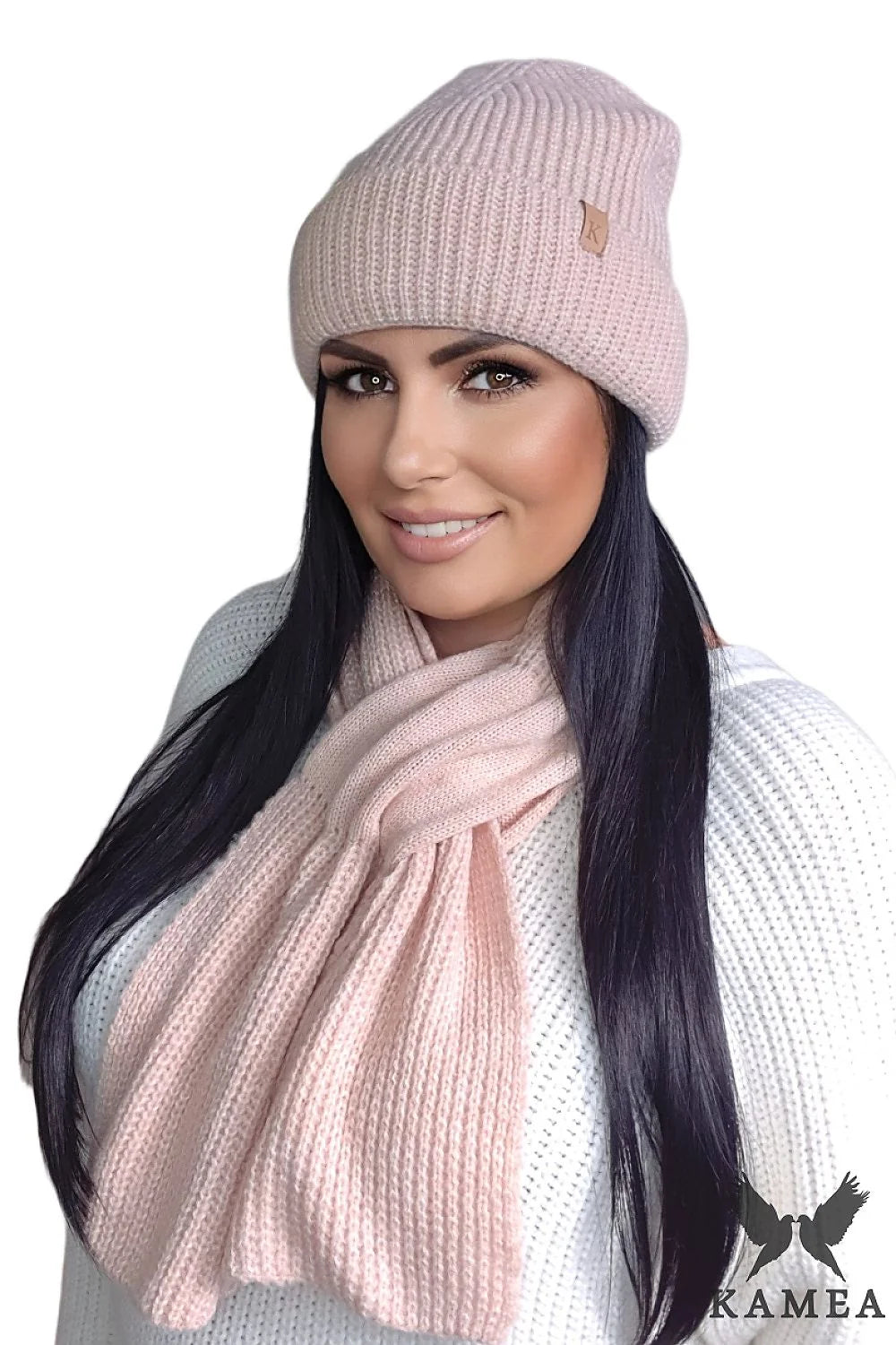 Ensemble Kamea pour femme bonnet écharpe maille côtelée rose pâle hiver doux confort style intemporel accessoire mode
