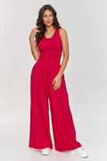 Ensemble Makadamia féminin décontracté élégant viscose rouge vif haut sans manches crop pantalon taille haute femme
