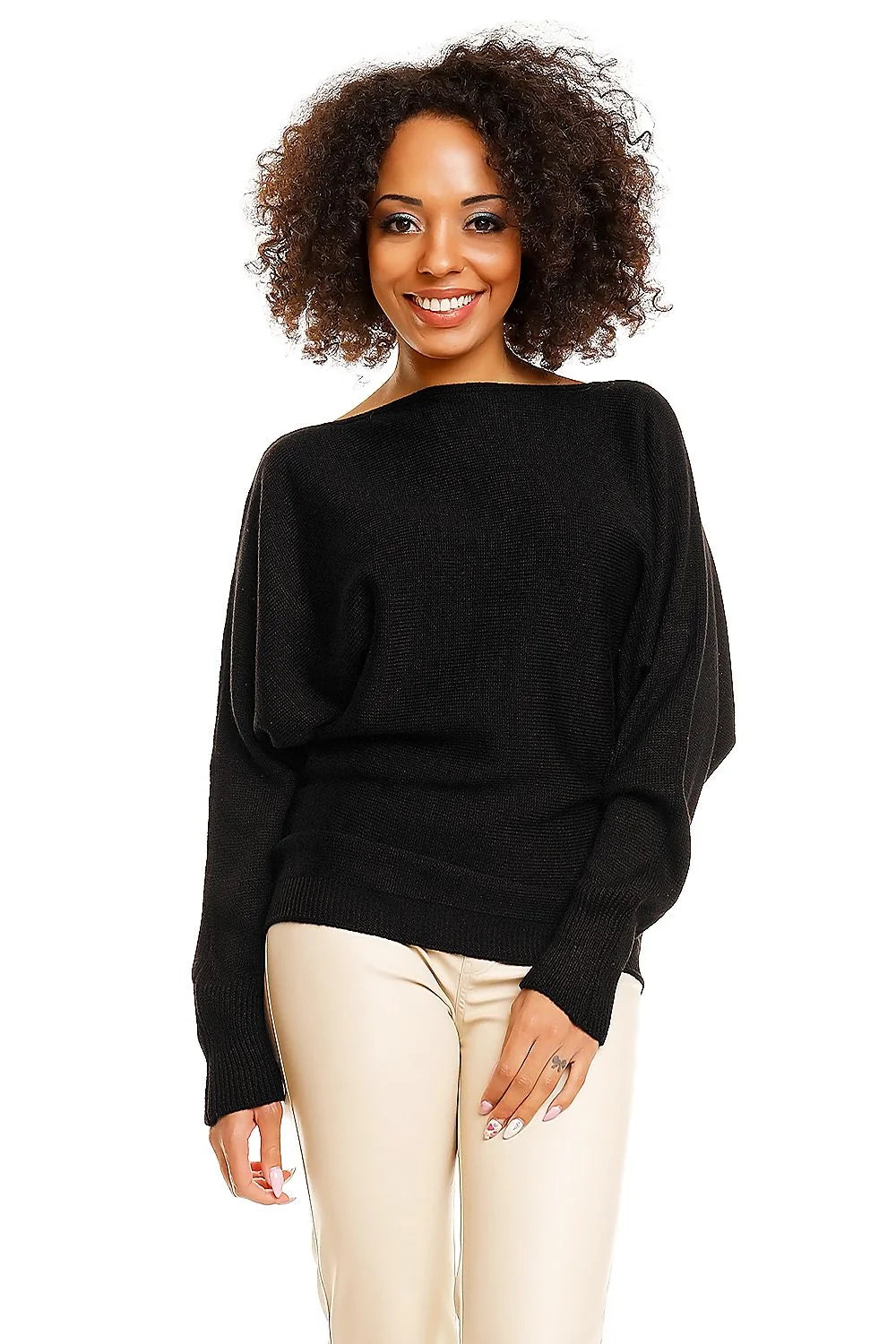 Pull kimono ample chauve-souris Pee Ka Boo manches longues encolure bateau noir acrylique 100% confortable femmes