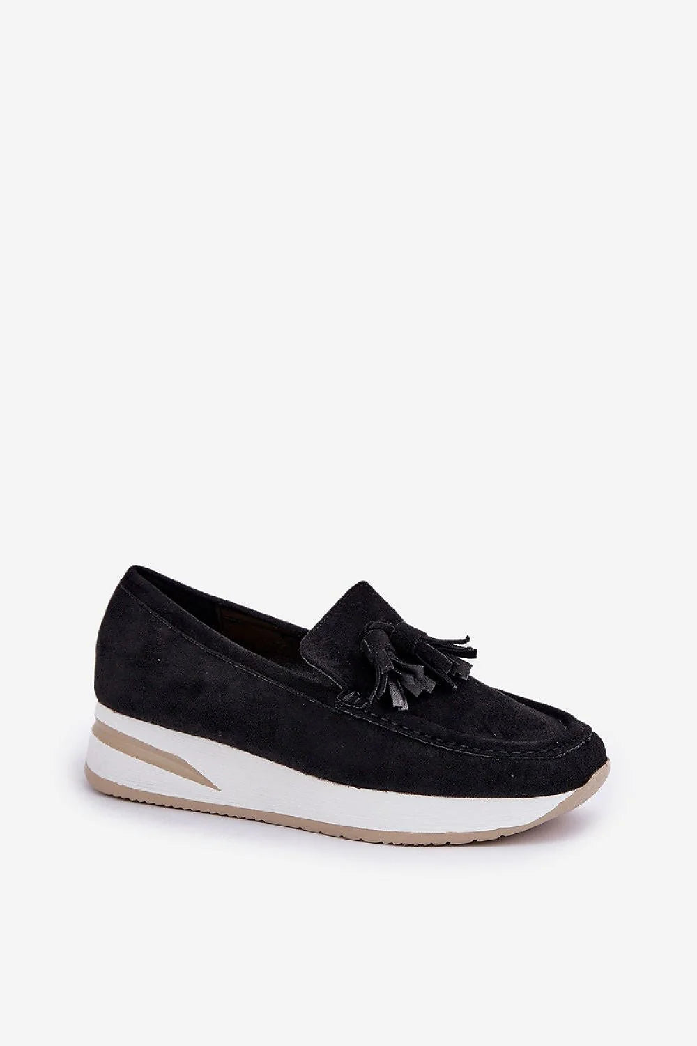 Mocassins femmes style contemporain cuir suédé noir semelle blanche talon compensé pampilles.chaines dorées