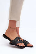 sandales plates femme noir pailleté strass empeigne ajourée motifH boucle ovale cuir semellefine maintien confortable slipon chaine dorée perles