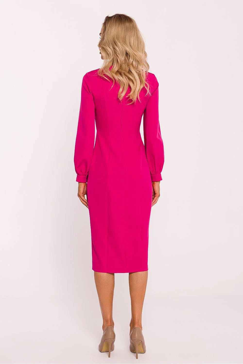 Robe de jour Moe longueur midi manches longues encolure carrée finitions élégantes couleur fuchsia taille ajustable robe femme style moderne occasions semi-formelles polyvalente tissu de qualité