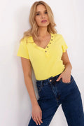 chemisier femme décontracté moderne jaune vif coton élasthanne côtelé col V boutons métalliques manchescourtes ajusté extensible