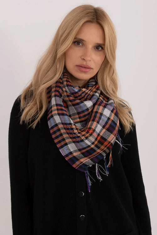 foulard carreaux multicolore tartan tissé doux léger coton triangulaire bandana franges effilochées fils argentés polyvalent femme chic automne hiver
