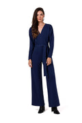 Combinaison Be Wear élégante pour femmes, bleu marine profond, encolure en V, manches longues, jambes larges, ceinture ajustable, vêtement polyvalent pour occasions professionnelles ou festives