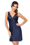 nuisette satin soyeux bleu marine dentelle florale encolure plongeante bretelles larges ajustables bonnets emboitants coupe trapèze mi cuisse fluide brillant