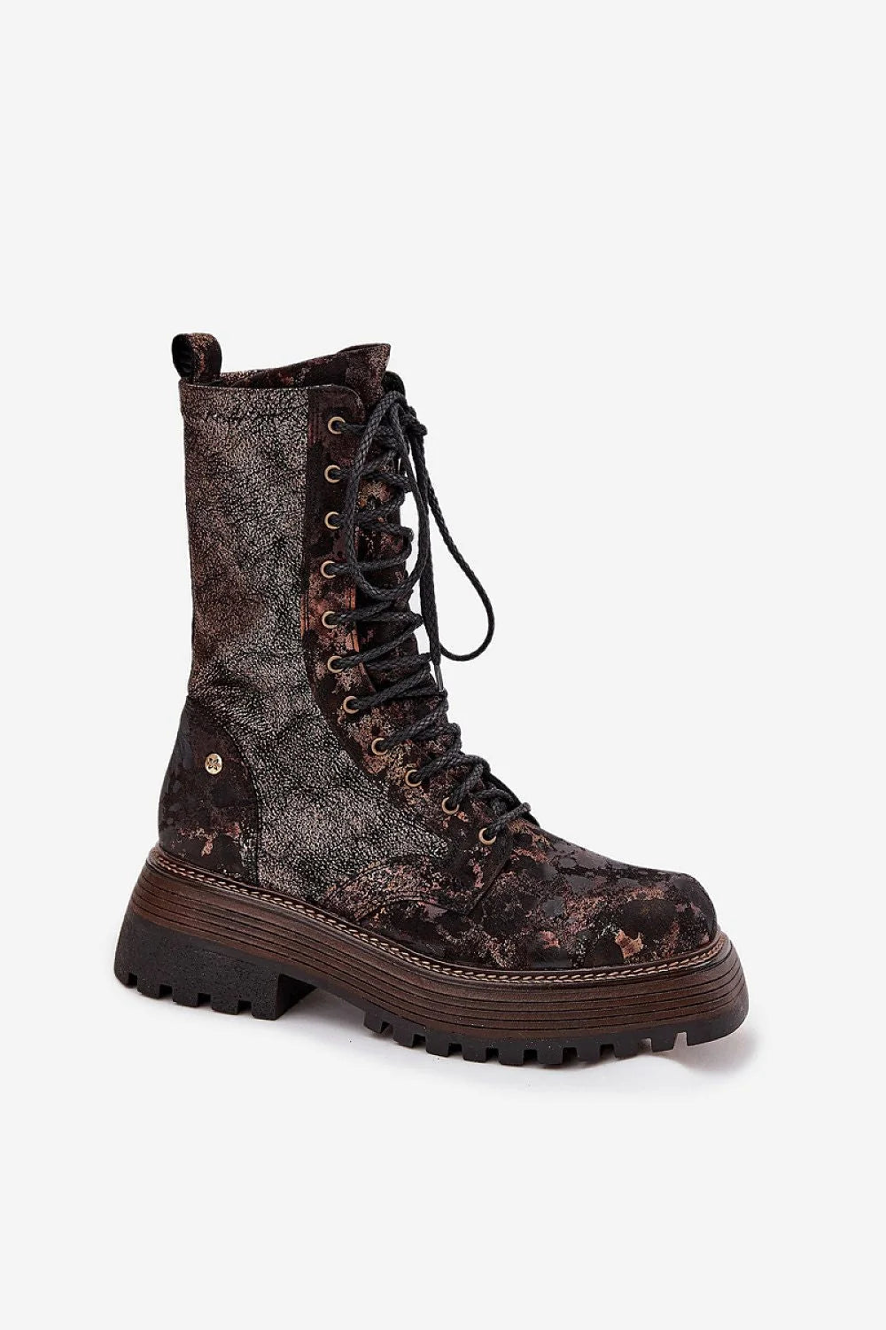 bottines femme cuir naturel métallisé patiné bronze noir combat lacets fermeture éclair plateforme crantée semelle gomme talon 6cm