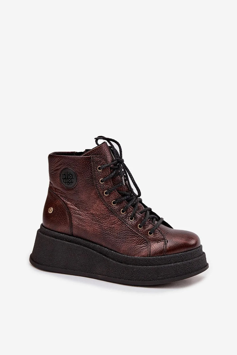 bottines montantes plateforme cuir marron métallisé Maciejka grainé lacets zip œillets métalliques bout rond semelle épaisse talon plat contrefort renforcé