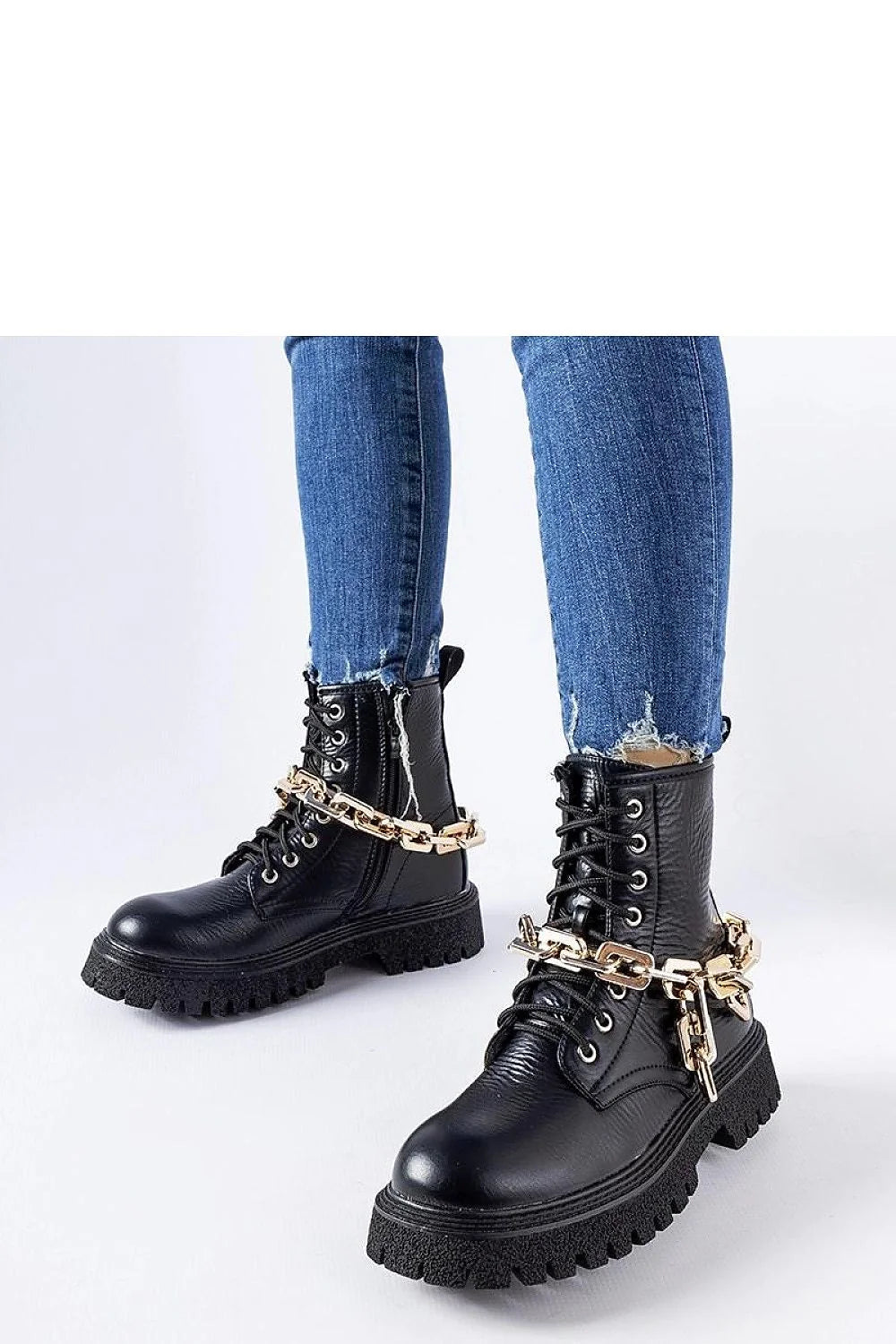 Bottes trappeur Solea femmes design robuste style militaire cuir synthétique chaîne dorée cheville soutien ankle boot