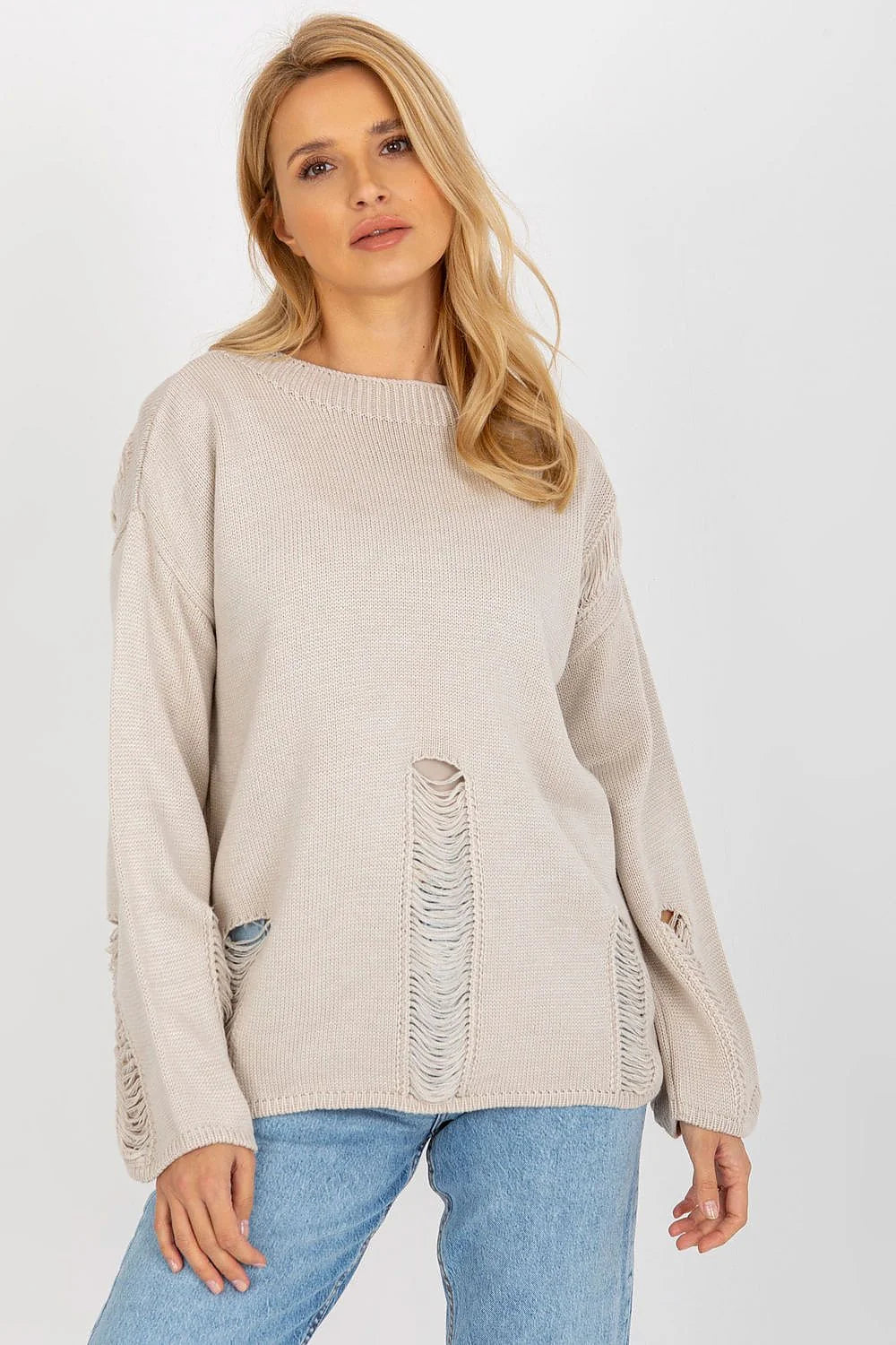Pull Badu pour femme maille beige clair style décontracté urbain col rond manches longues coupe ample franges effilochages