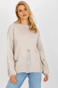 Pull Badu pour femme maille beige clair style décontracté urbain col rond manches longues coupe ample franges effilochages