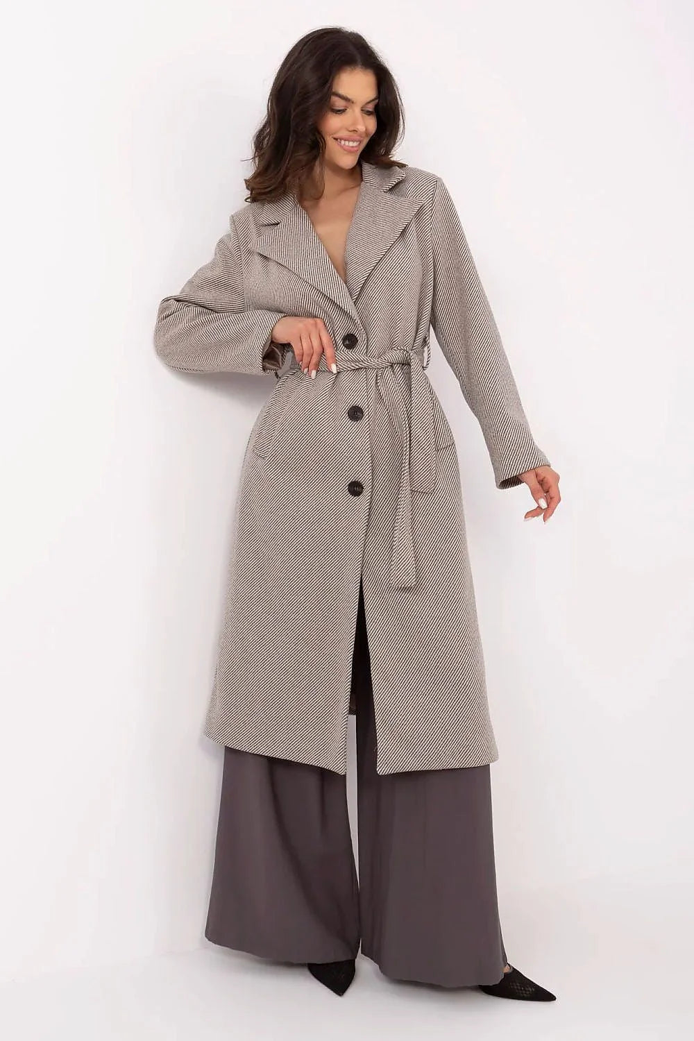 Manteau pour femme élégant long chevron gris laine polyester elasthanne col à revers ceinture boutons poches latérales occasion spéciale travail