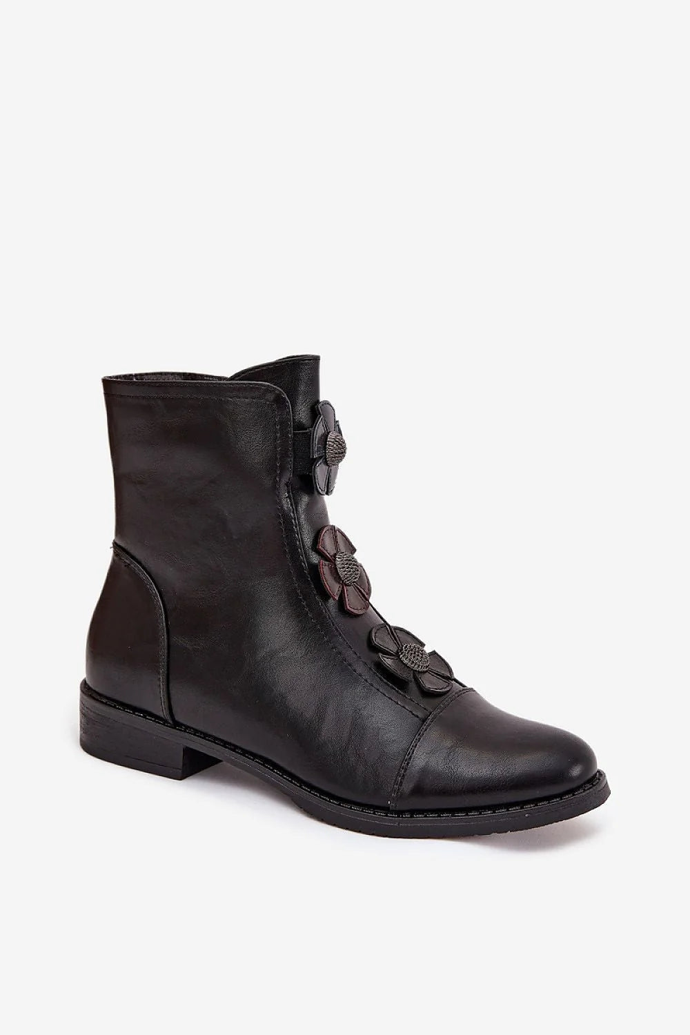 bottines femme jezzi similicuir noir cheville amande petit talon bloc 3cm zippée fleurs appliquées cloutés surpiqûres semelle robuste