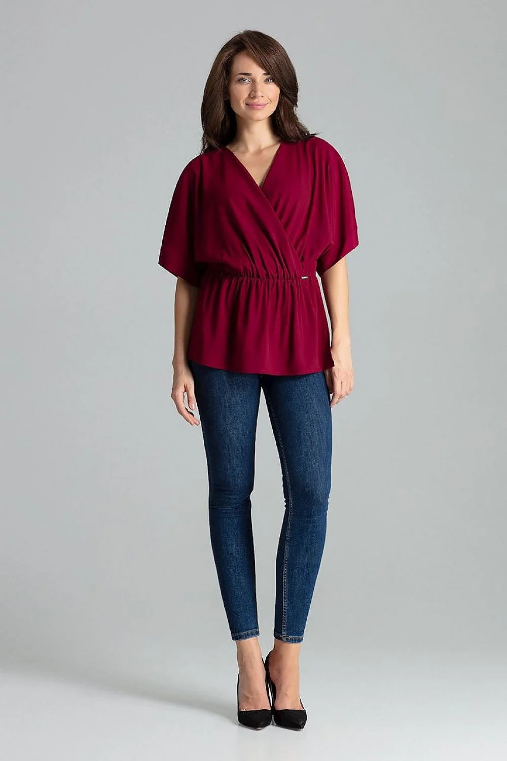 chemisier ample beige Lenitif manches kimono col V cachecoeur élégant tendance femme moderne fluide taille élastique fronces crêpe casualchic blousant