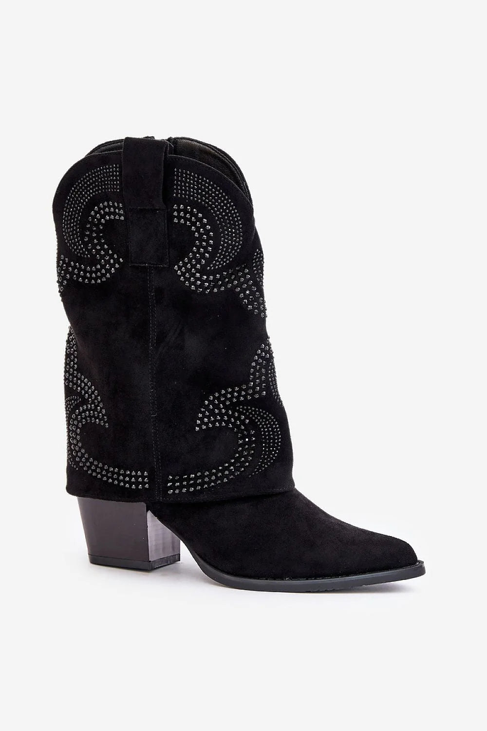 Bottes élégantes à talon carré en cuir suédé noir, style western moderne, fermure éclair, femme