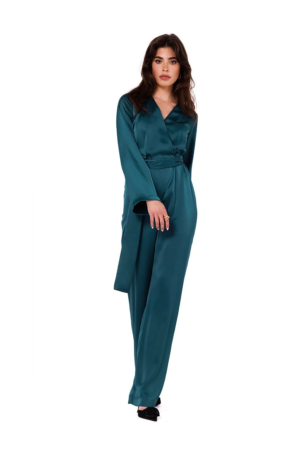 Combinaison élégante longue manches longues encolure en V ceinture ajustable couleur bleu-vert profond tissu satiné femme