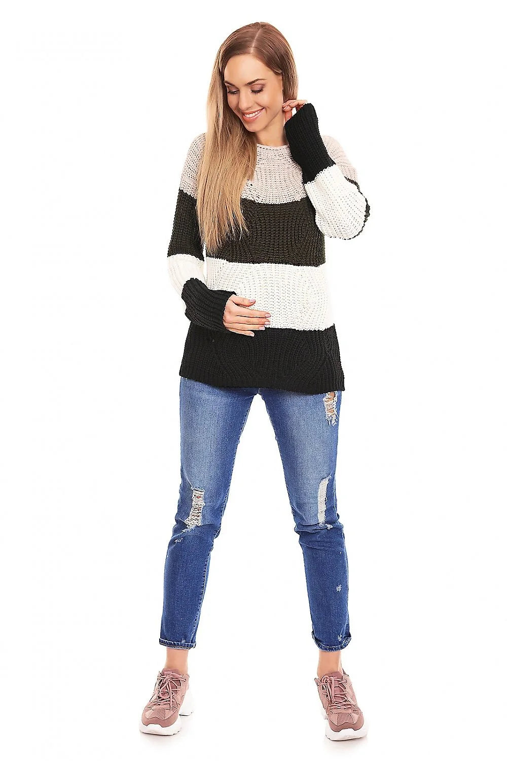 pull tricoté femme grossesse grosse maille rayures horizontales beige kaki blanc noir oversize coupe ample manches longues col rond chaud