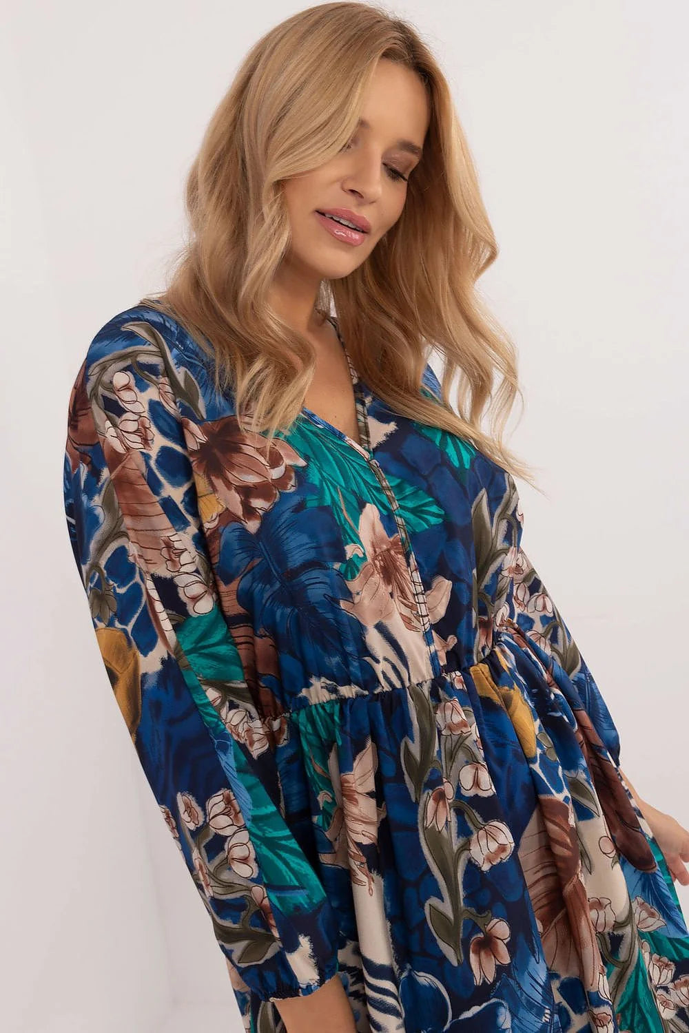 Robe de jour Italy Moda pour femme style tendance coupe évasée imprimé floral manches longues taille élastiquée confort