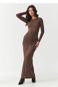 robe maxi longue manches longues moulante plissée froncée taille marquée chocolat jersey extensible enfilable confortable élégante