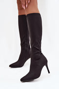 Bottes hautes femme SBarski noires talon aiguille 9cm bout pointu tissu stretch maintien ajusté silhouette élancée couture décorative glissière pratique