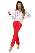pyjama femme noel rouge blanc coton jersey doux extensible manches longues col V poignets contrastés pantalon slim elastique confortable festif